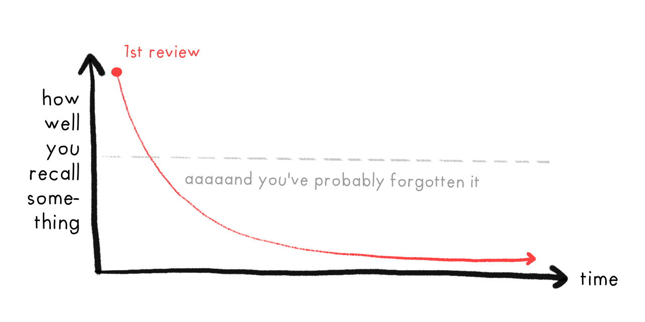 Graph of "how well you recall something" over time: Your memory of a fact exponentially decays over time, with only 1 review.