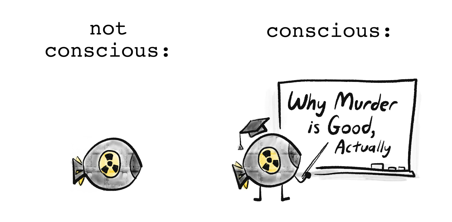 Left: drawing of a nuke, captioned "not conscious". Right: drawing of Professor Nuke giving a lecture titled, "Why Murder is Good, Actually." Captioned, "conscious".