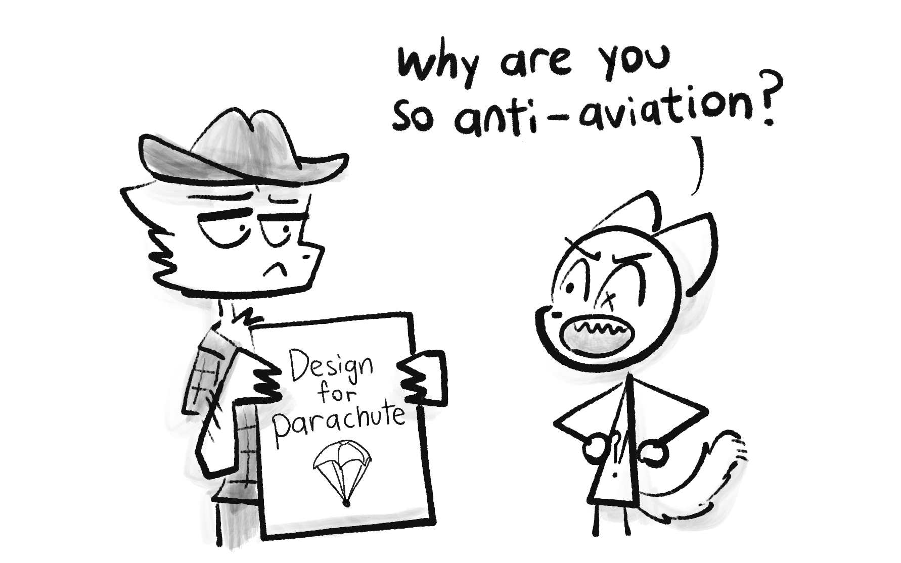 Comic. Sheriff Meowdy holds up a blueprint for a parachute design. Ham the Human retorts, annoyed: “Why are you so anti-aviation?”