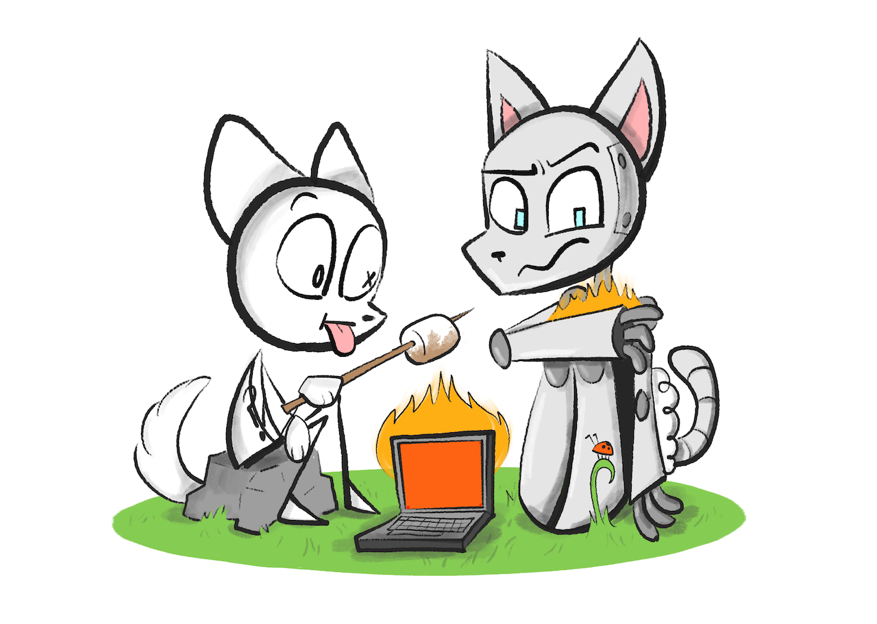 Robot Catboy & Ham the Human sitting around a laptop on fire. Ham's roasting a marshmallow over it.